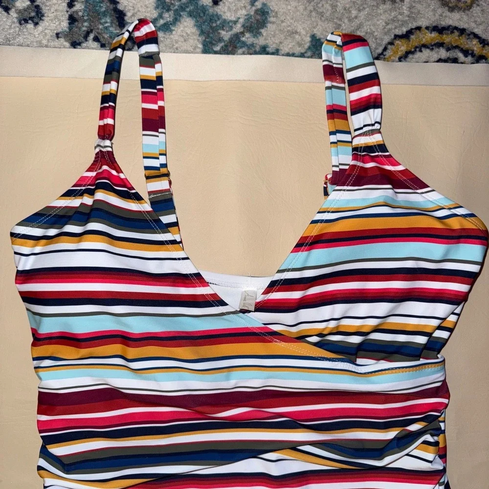 Anne Cole Striped One Piece Swimsuit Square Neck Back Tie Womens‎ Size 12